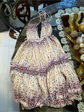 Boho Floral Smocked Sundress in Light Cream with Pink & Black Accents